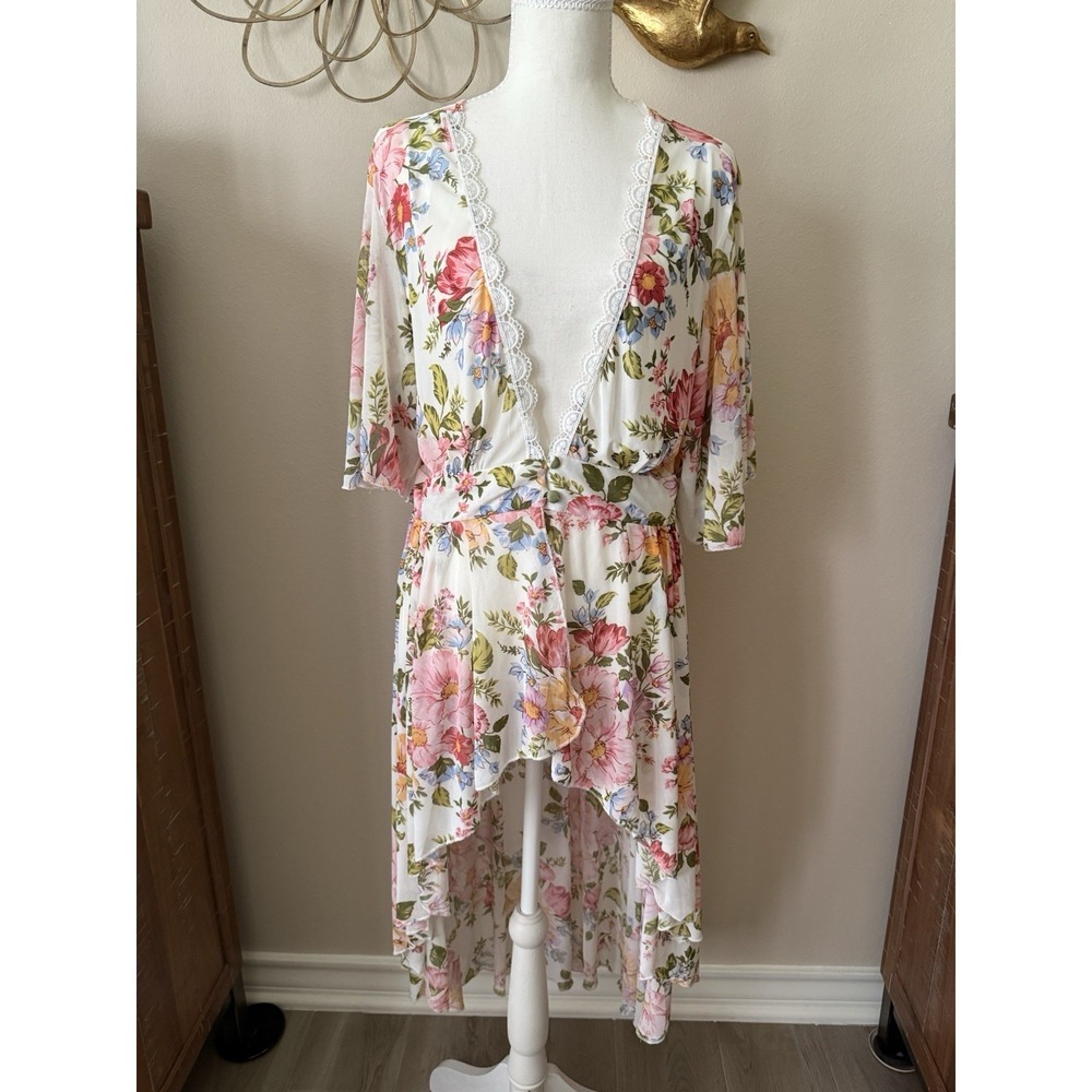 LIFE Love Is For Eternity Floral Kimono Dress M Lace Boho Wedding Guest High Low